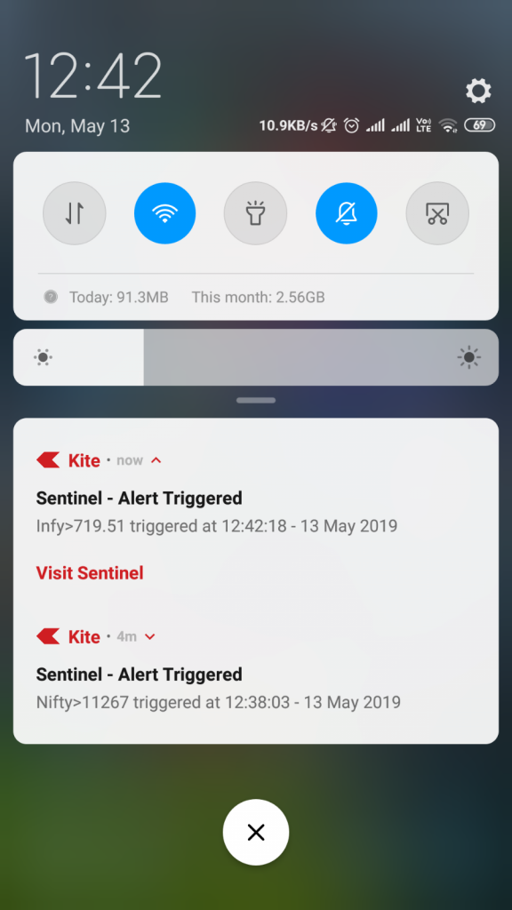 mobile notifications on Zerodha Sentinel